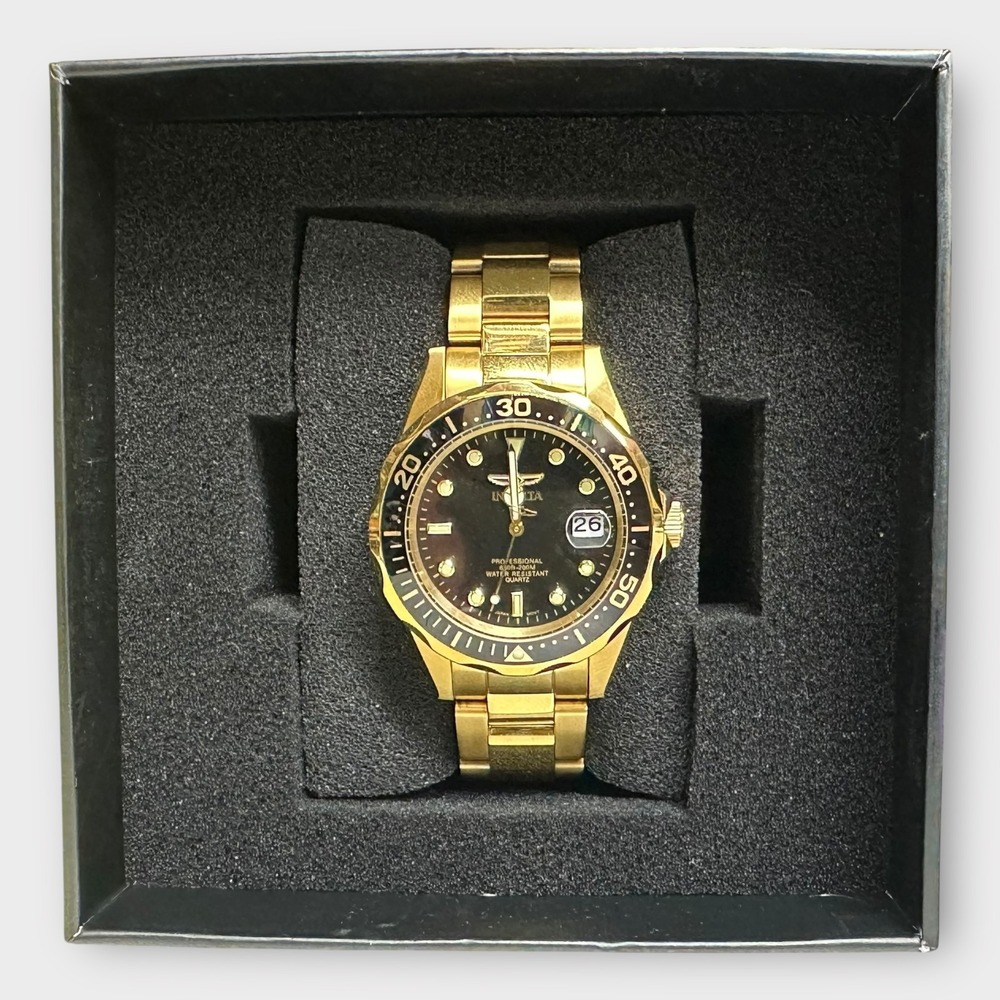 Invicta Watch Gold Tone Mens‎ 40mm Black Dial Date 200M Stainless 8936 Boxed - Picture 3 of 16